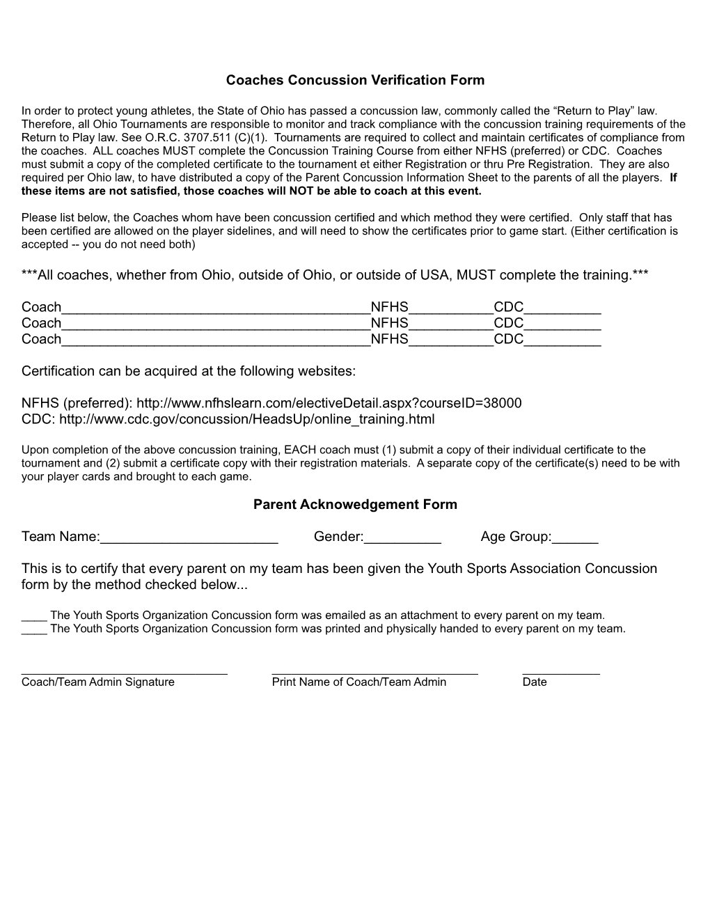 Coaches Concussion Verification Form