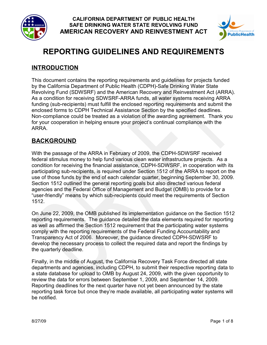 ARRA Project Reporting Guidelines and Requirements 08-27-2009