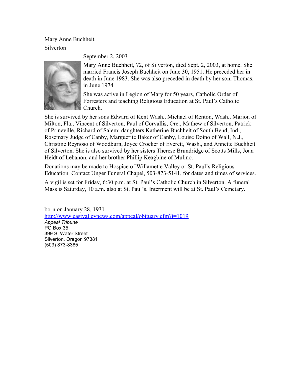 Mary Anne Buchheit Silverton September 2, 2003
