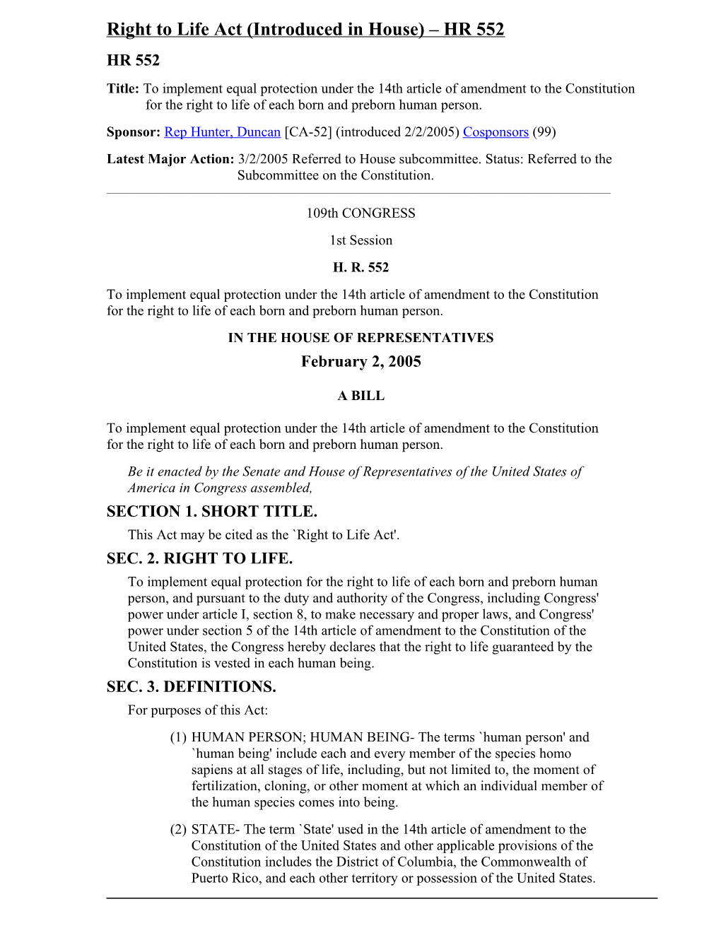 Right to Life Act (Introduced in House) HR 552