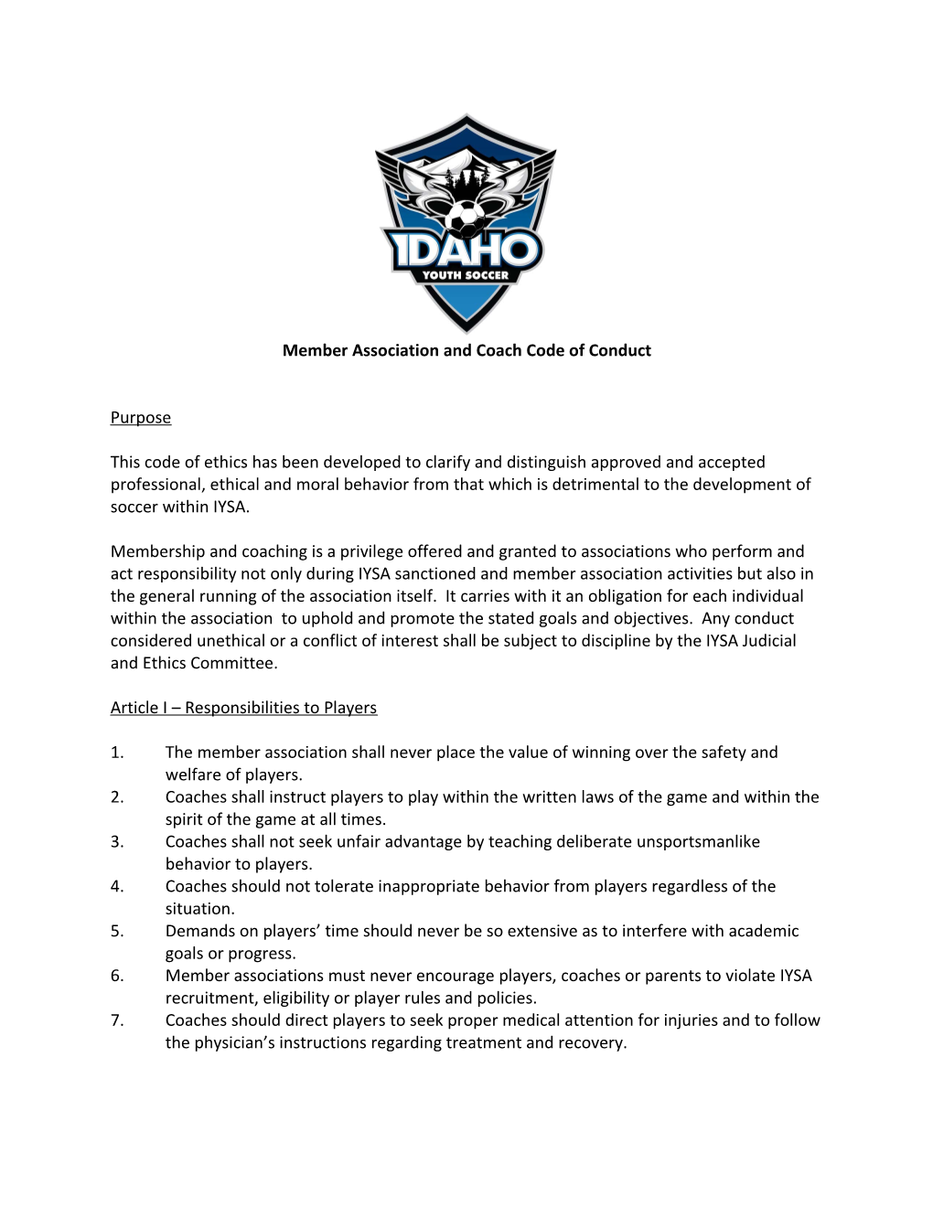 Idaho Youth Soccer Association Coaches Code of Ethics