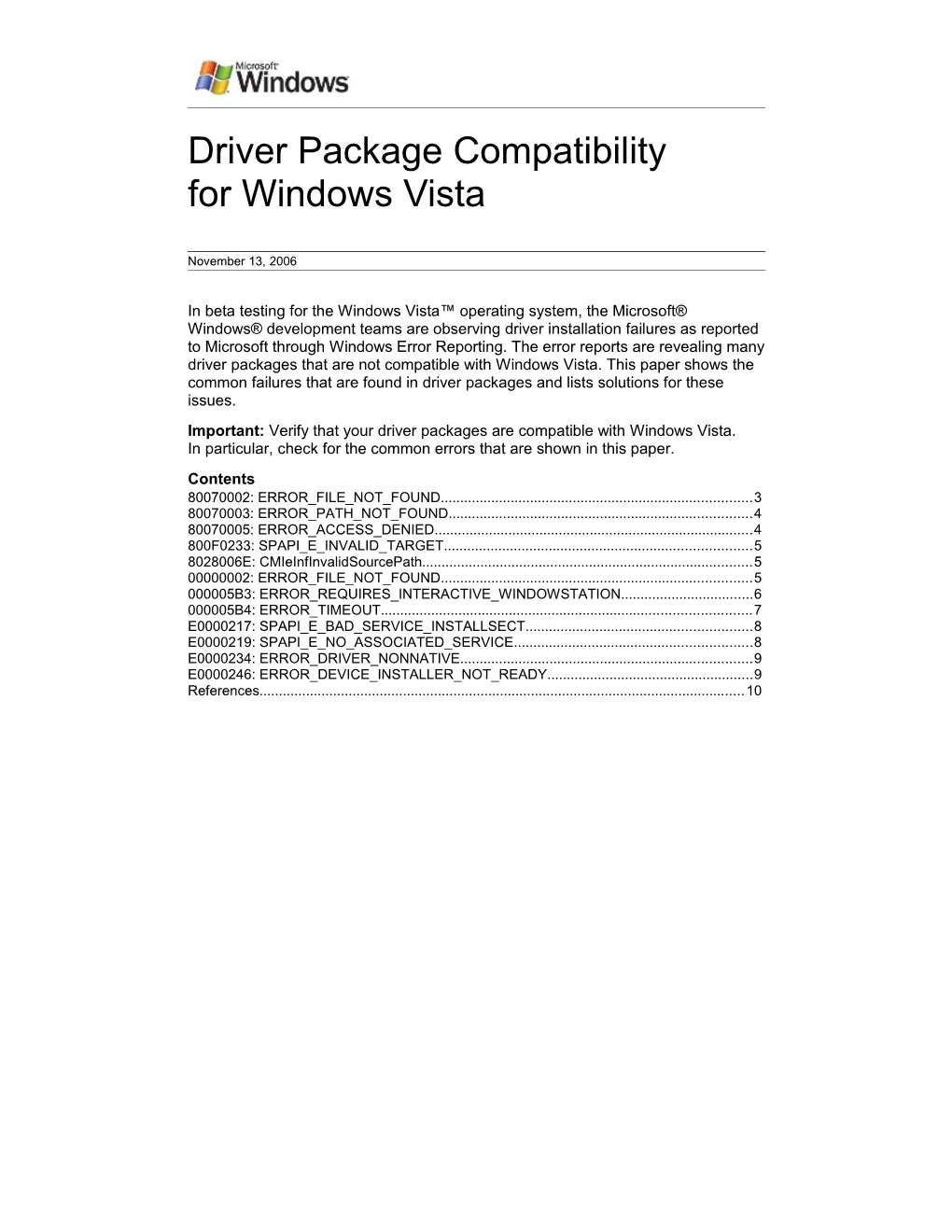 Driver Package Compatibility for Windows Vista