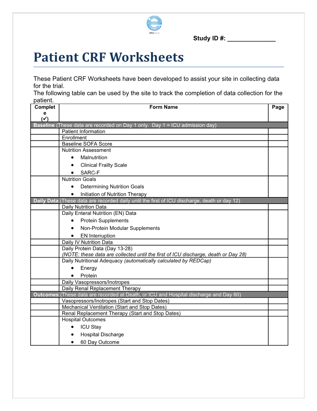 Patient CRF Worksheets