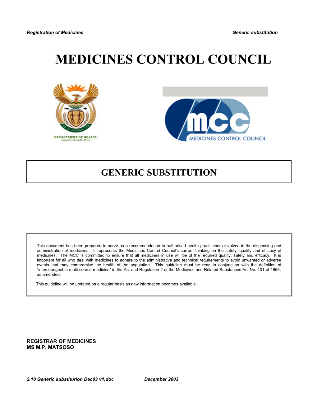 Registration of Medicines Generic Substitution