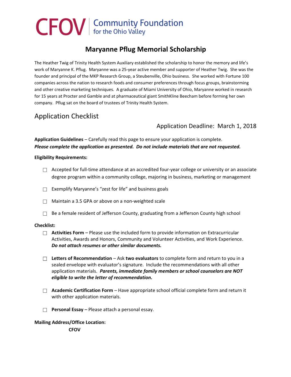 Maryanne Pflug Memorial Scholarship
