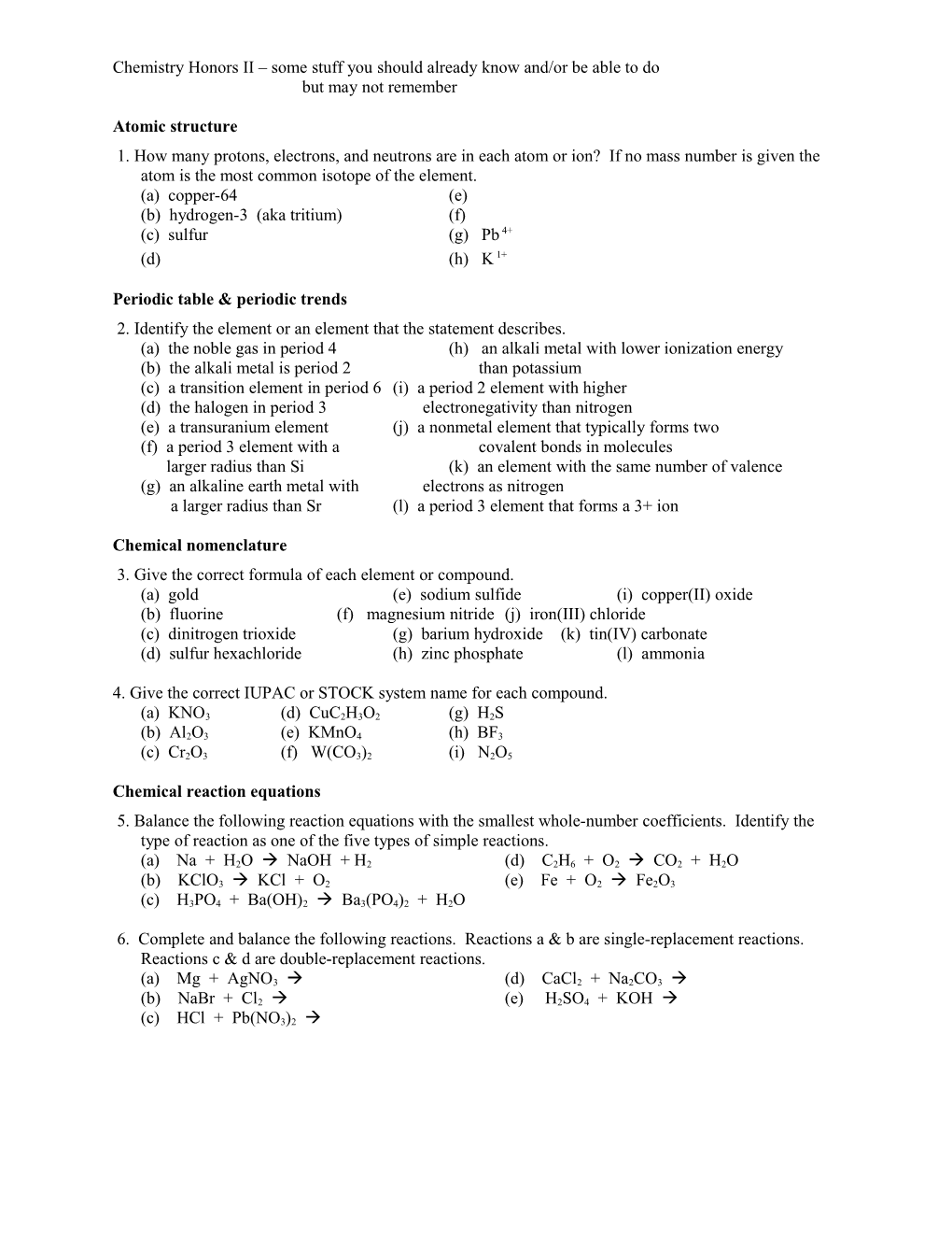 Chemistry Honors II Some Stuff You Should Already Know And/Or Be Able to Do