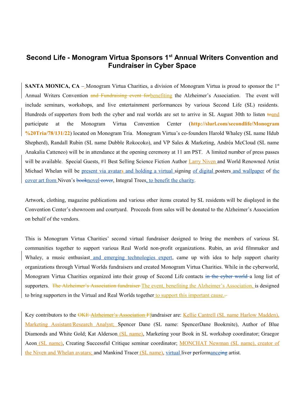 Second Life - Monogram Virtua Sponsors 1St Annual Writers Convention and Fundraiser In
