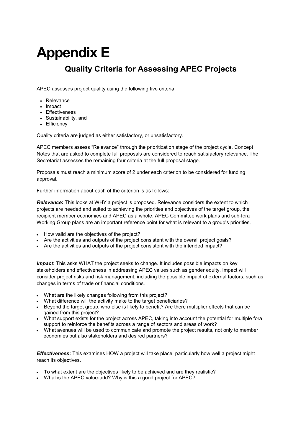 Quality Criteria for Assessing APEC Projects