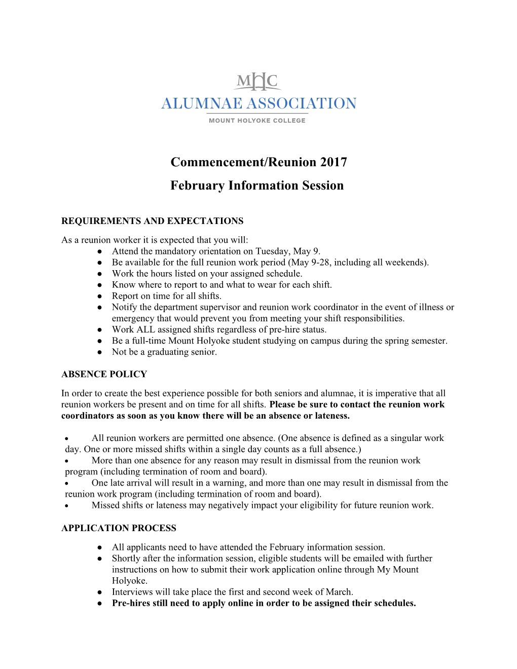 2012 Reunion Worker Job Information Sheet #1