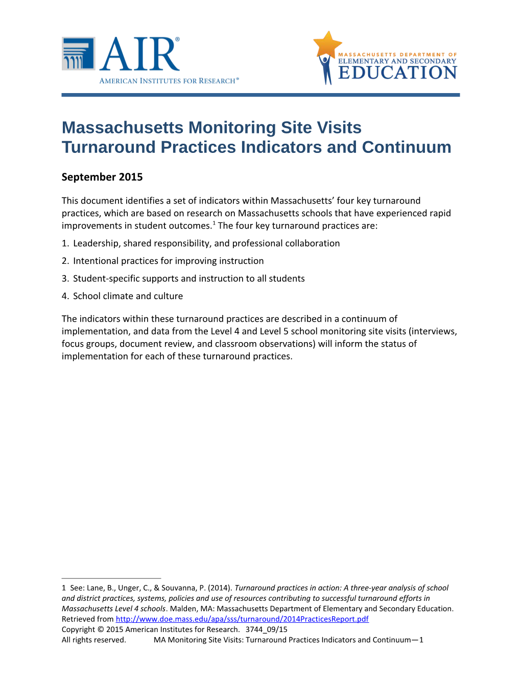MSV Turnaround Practices and Indicators