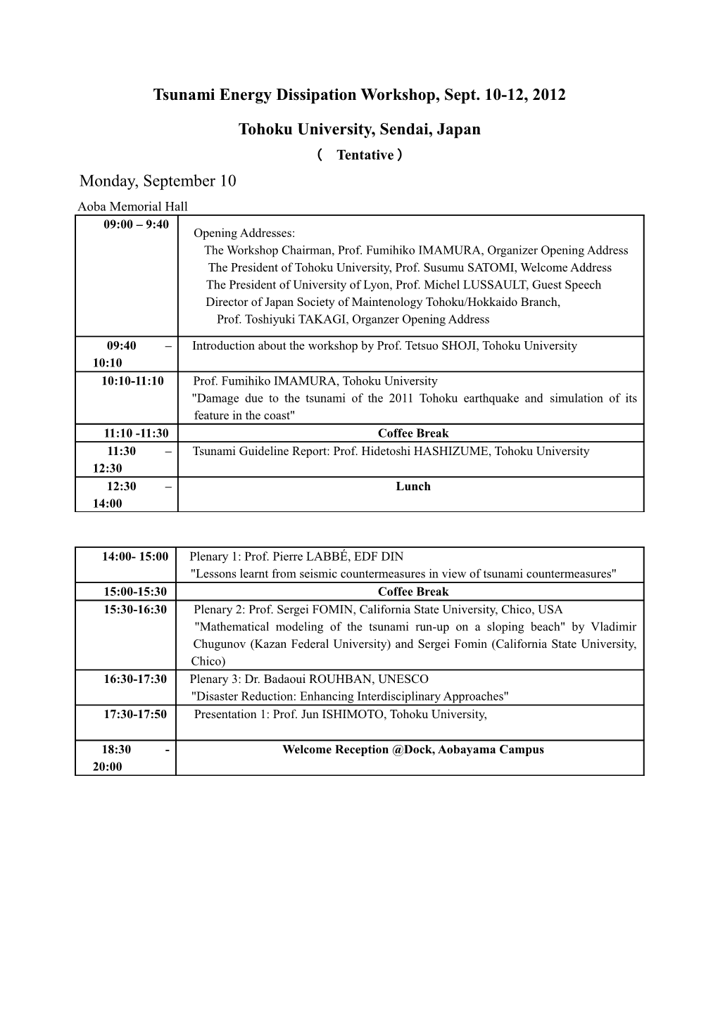 Tsunami Energy Dissipation Workshop, Sept. 10-12, 2012