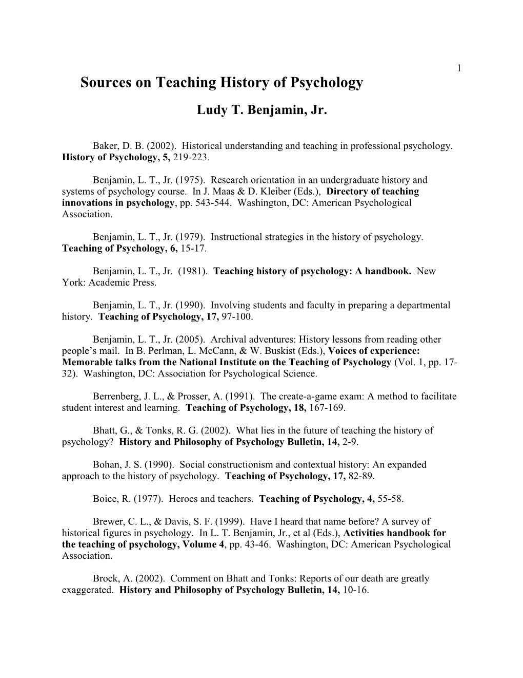 Sources on Teaching History of Psychology