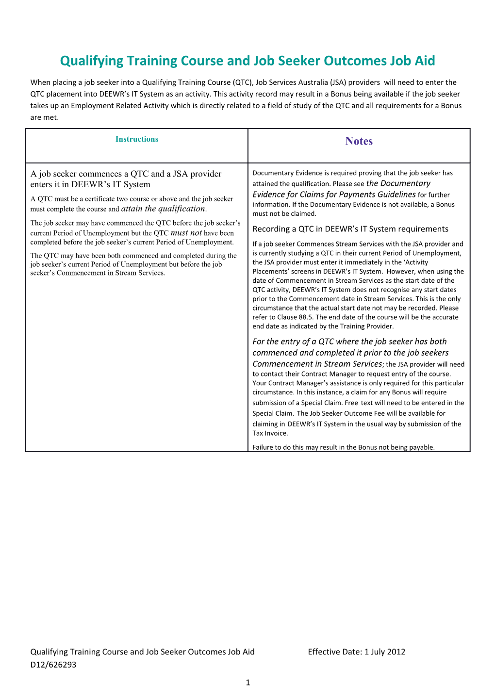 Qualifying Training Course and Job Seeker Outcomes Job Aid