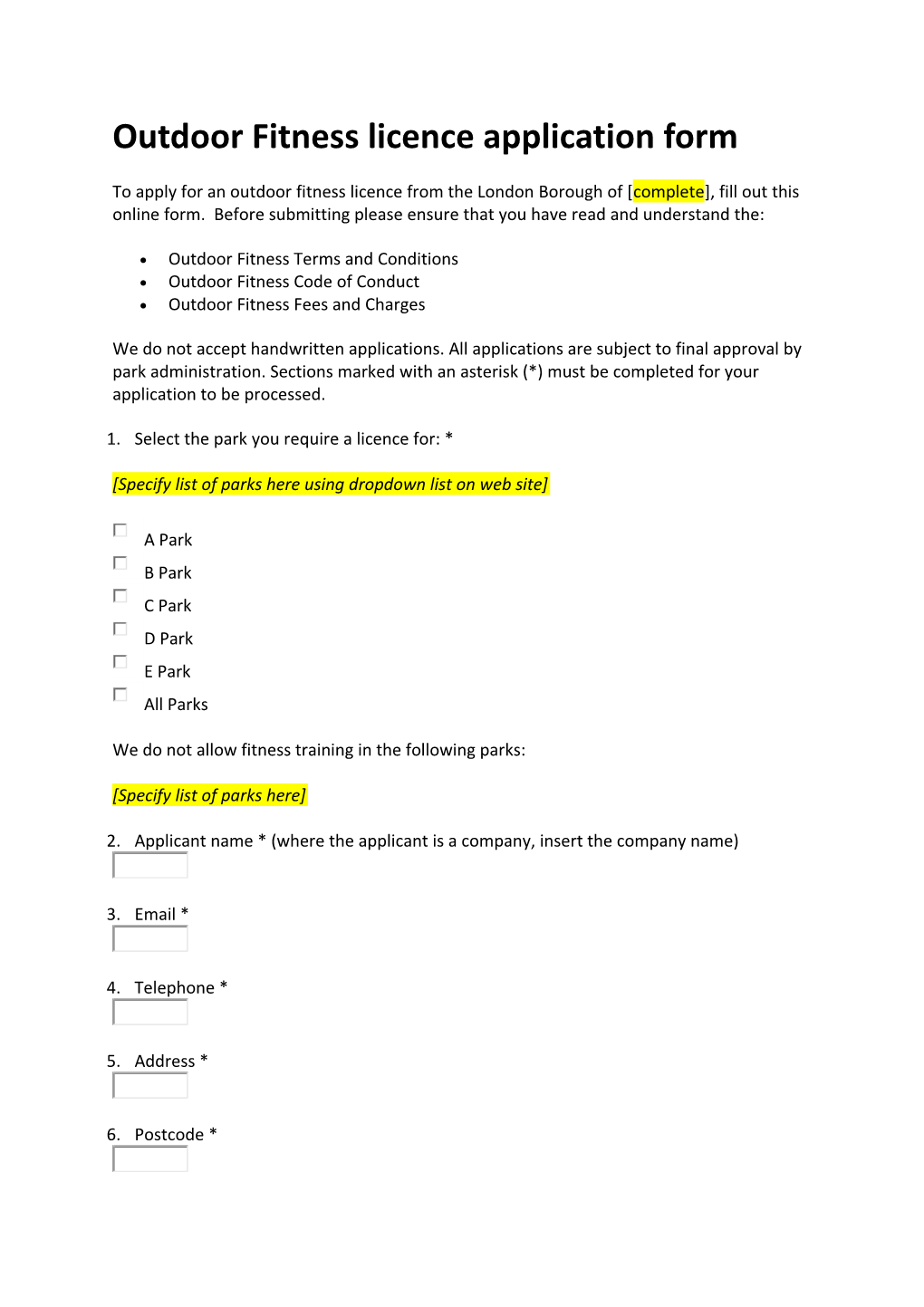 Outdoor Fitness Licence Application Form TL1