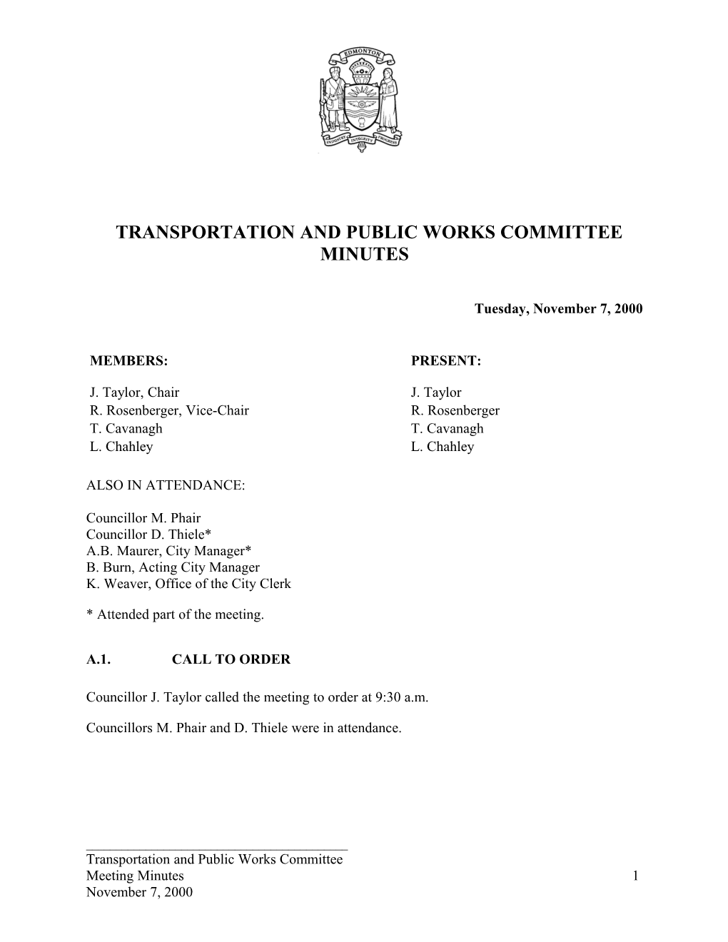 Minutes for Transportation and Public Works Committee November 7, 2000 Meeting