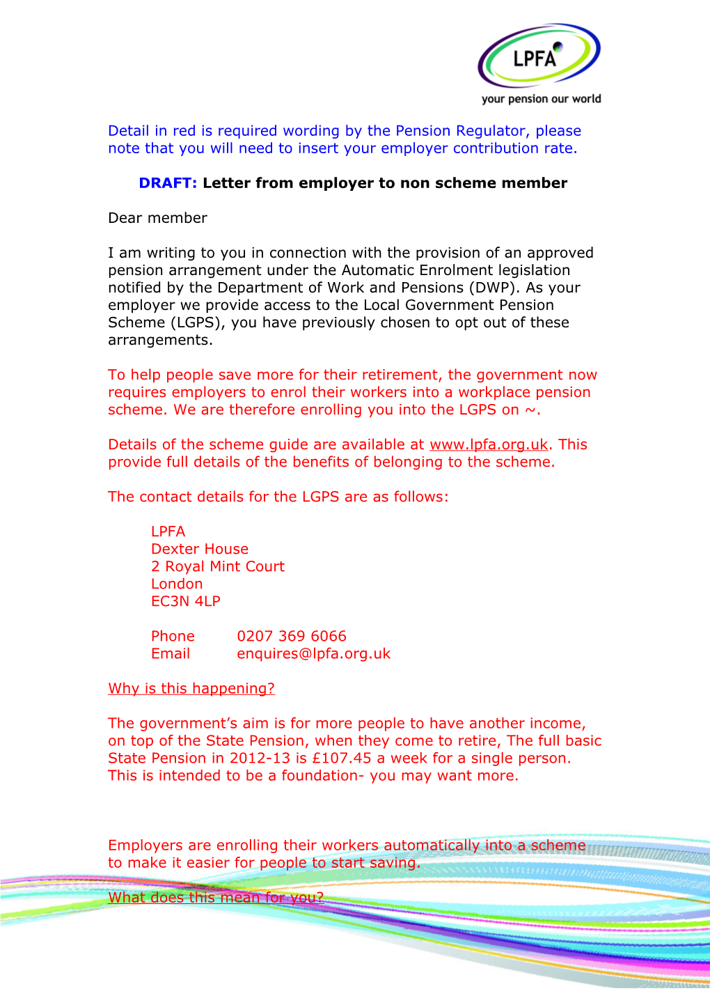 Letter from Employer to Non Scheme Member