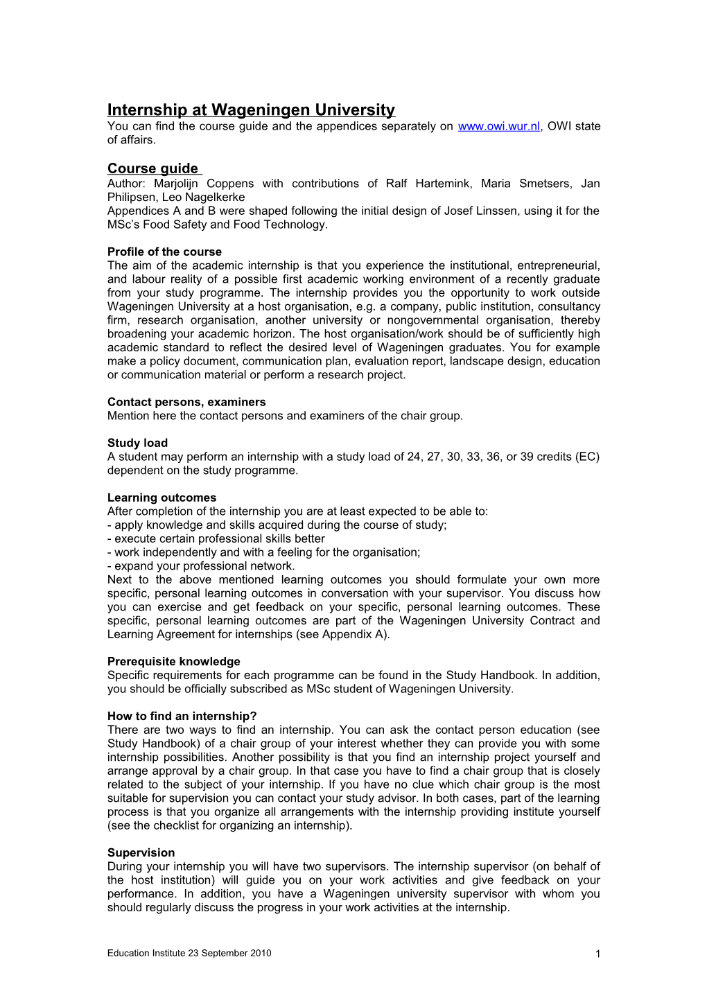 Course Guide Specimen Internship At Wageningen University