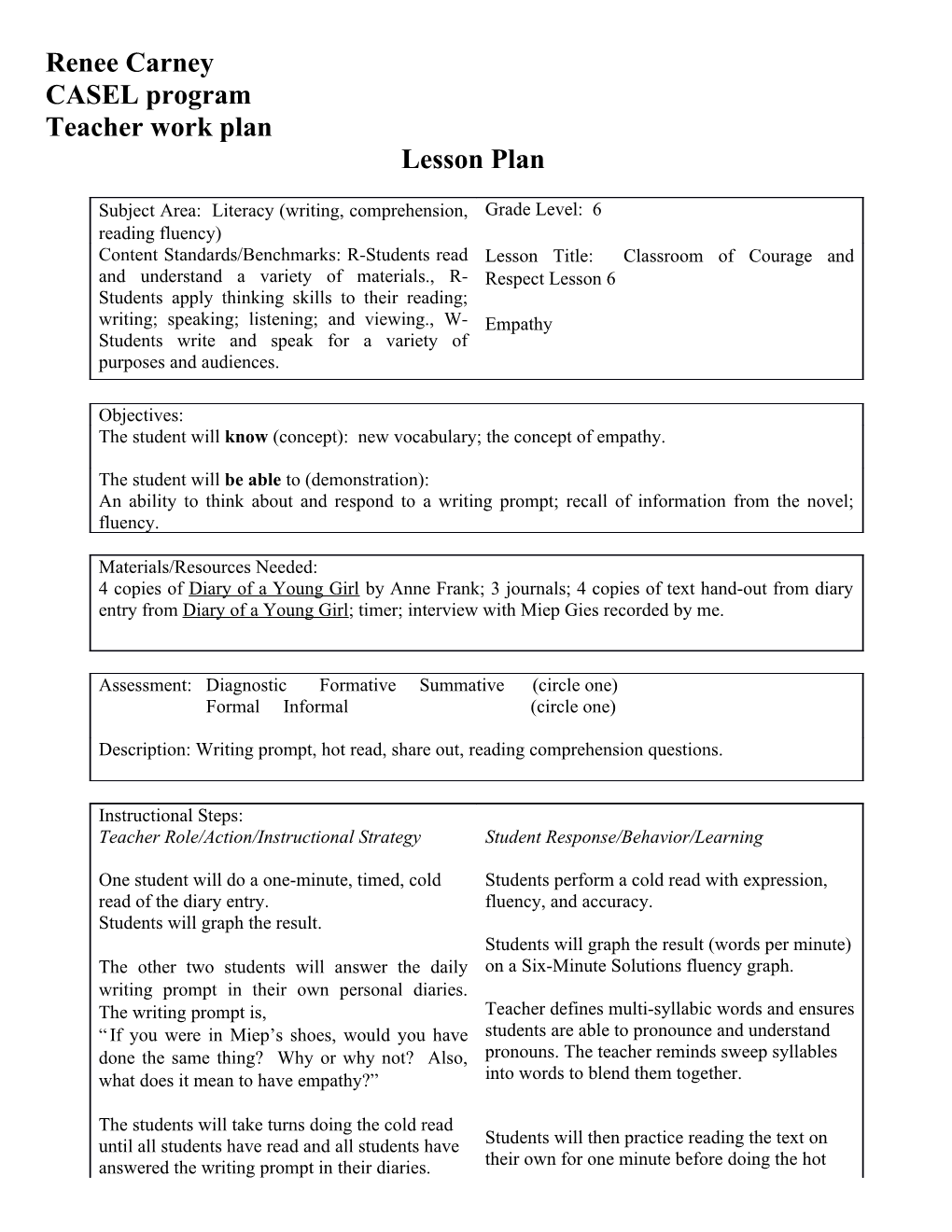 Teacher Work Plan