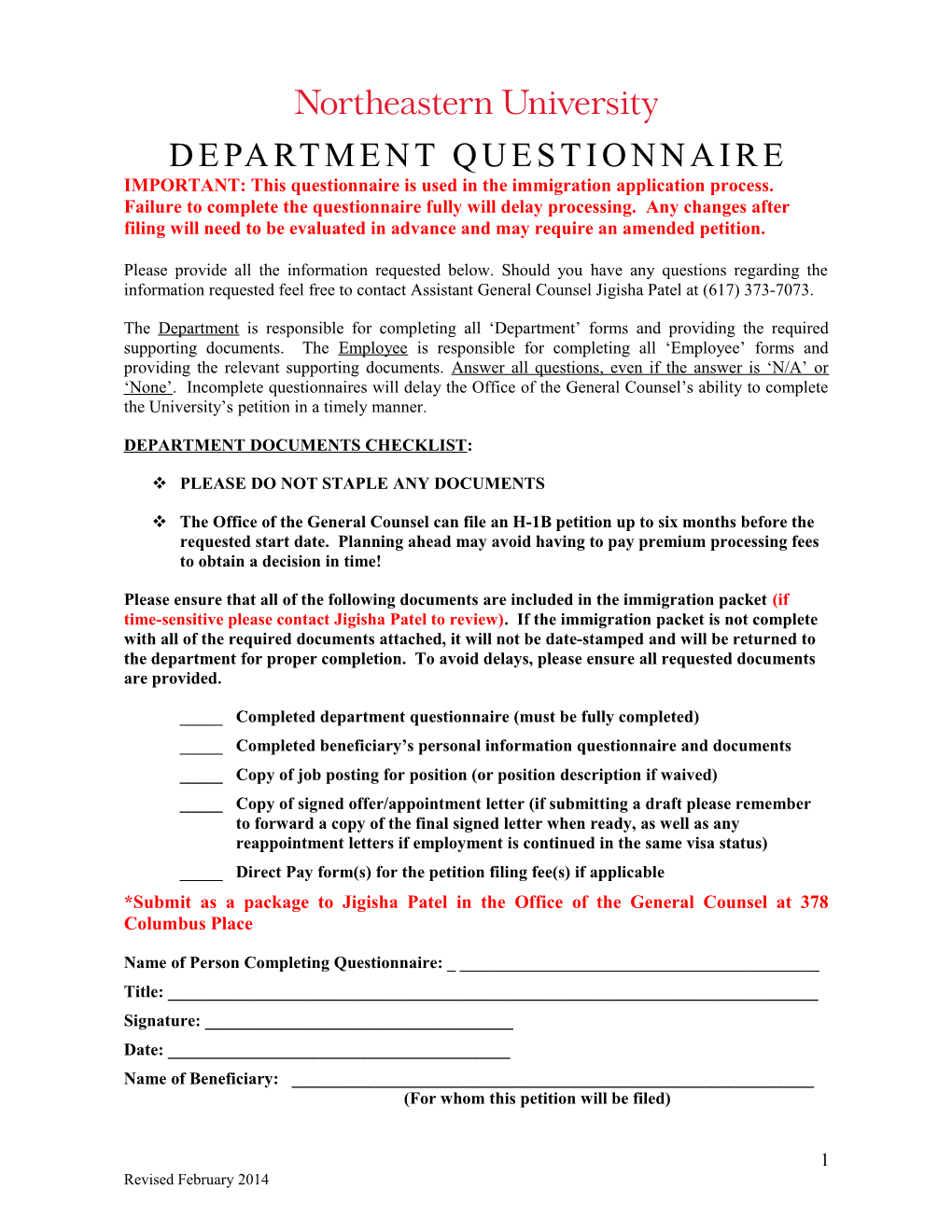 Department Questionnaire