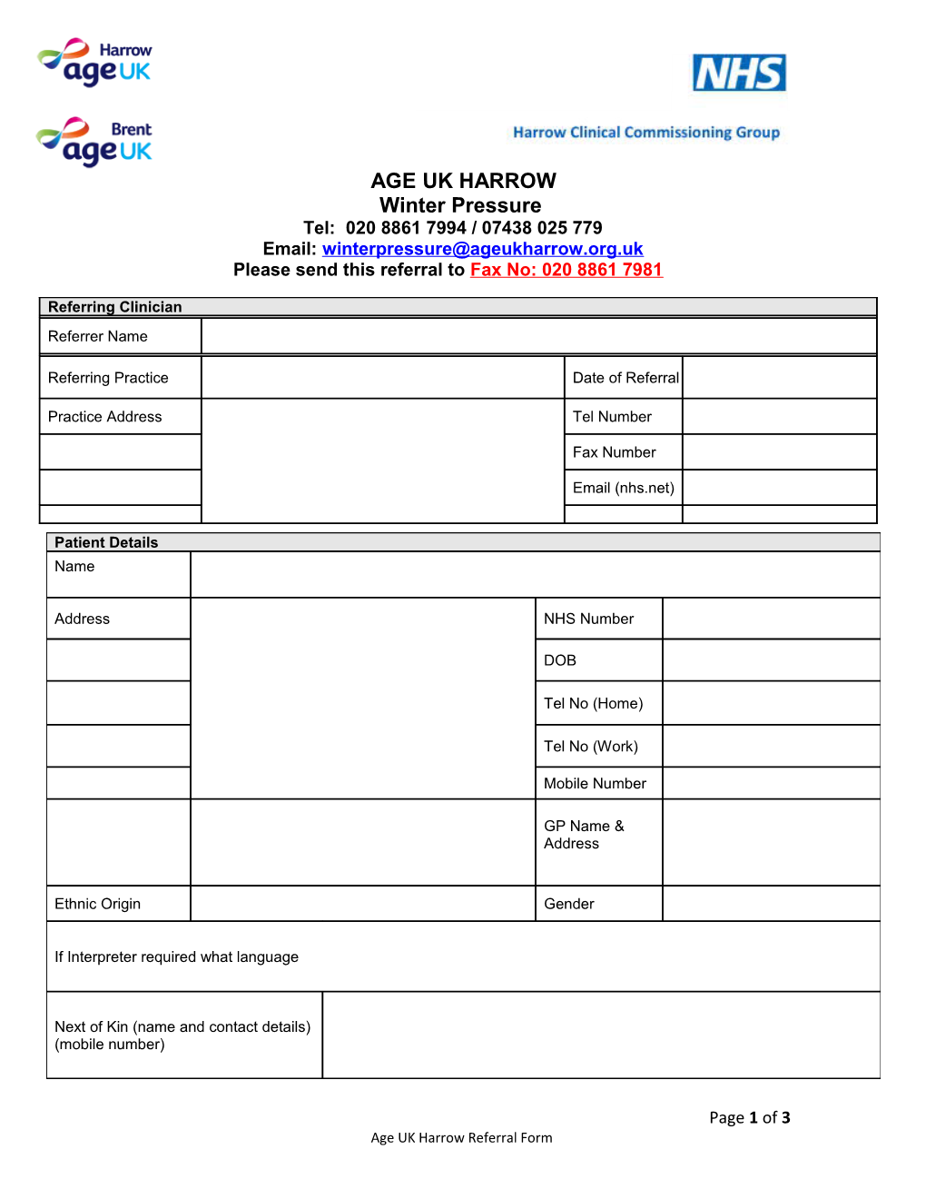 Age UK Harrow Referral - Falls Prevent Support & Home Support