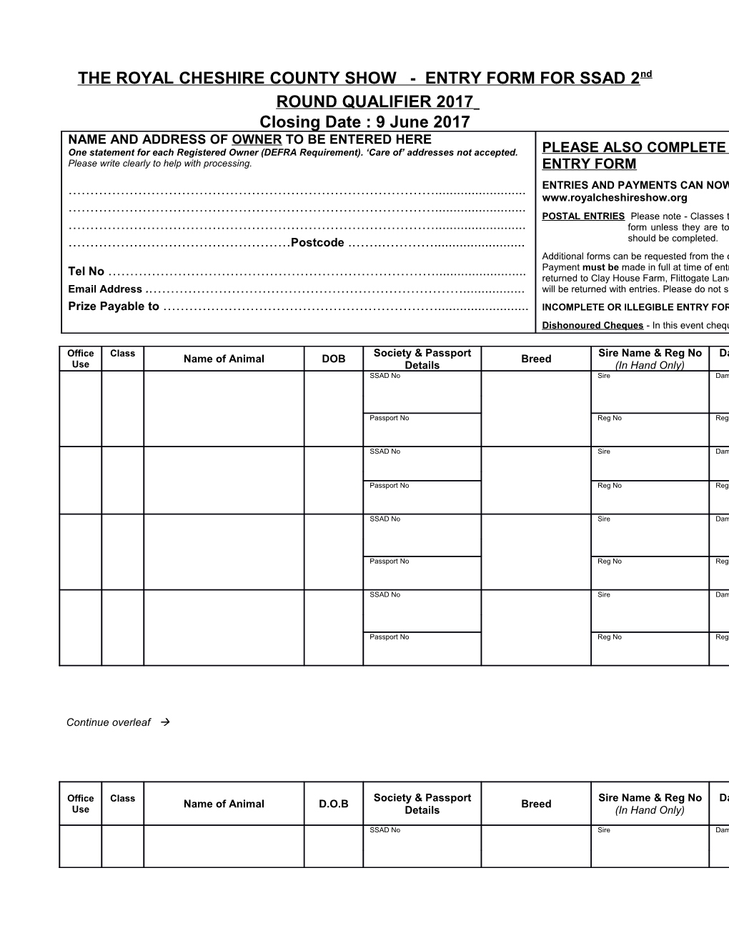 Cheshire Agricultural Society - Entry Form for Dairy Goat Section