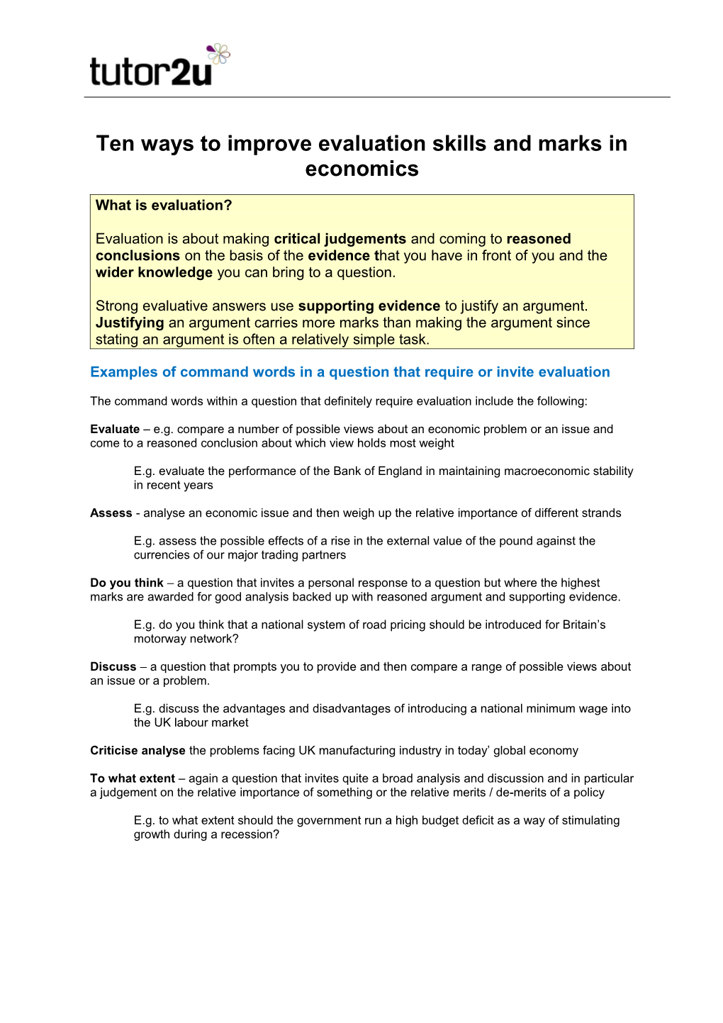 Ten Ways to Improve Your Evaluation Skills and Marks for A2 Economics