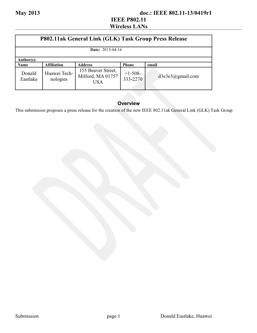 IEEE 802.11Ak GENERAL LINK TASK GROUP CREATED to EXPLORE