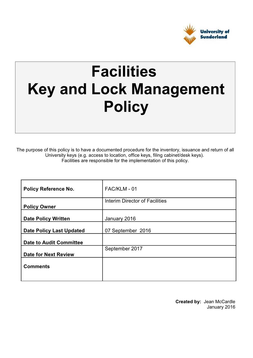 Key and Lock Management Policy