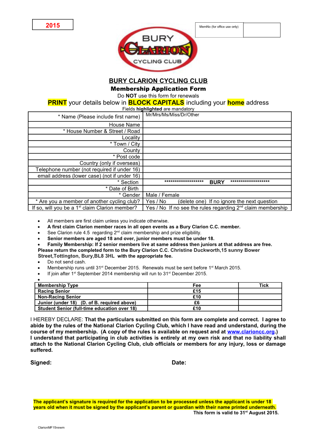 Bury Clarion CC Membership Form