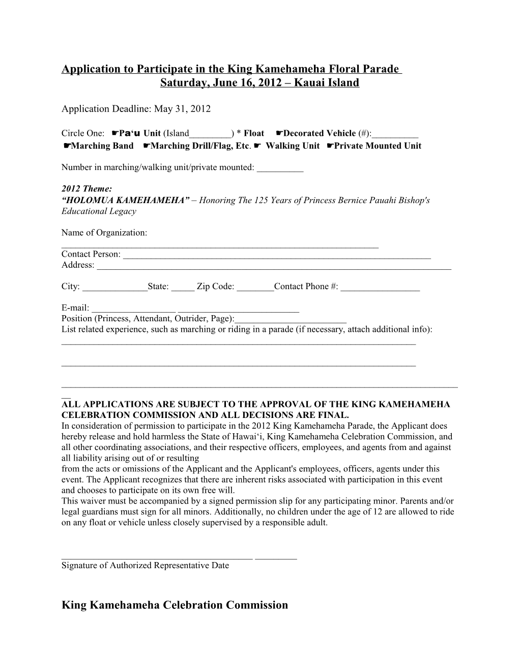 Application to Participate in the King Kamehameha Floral Parade