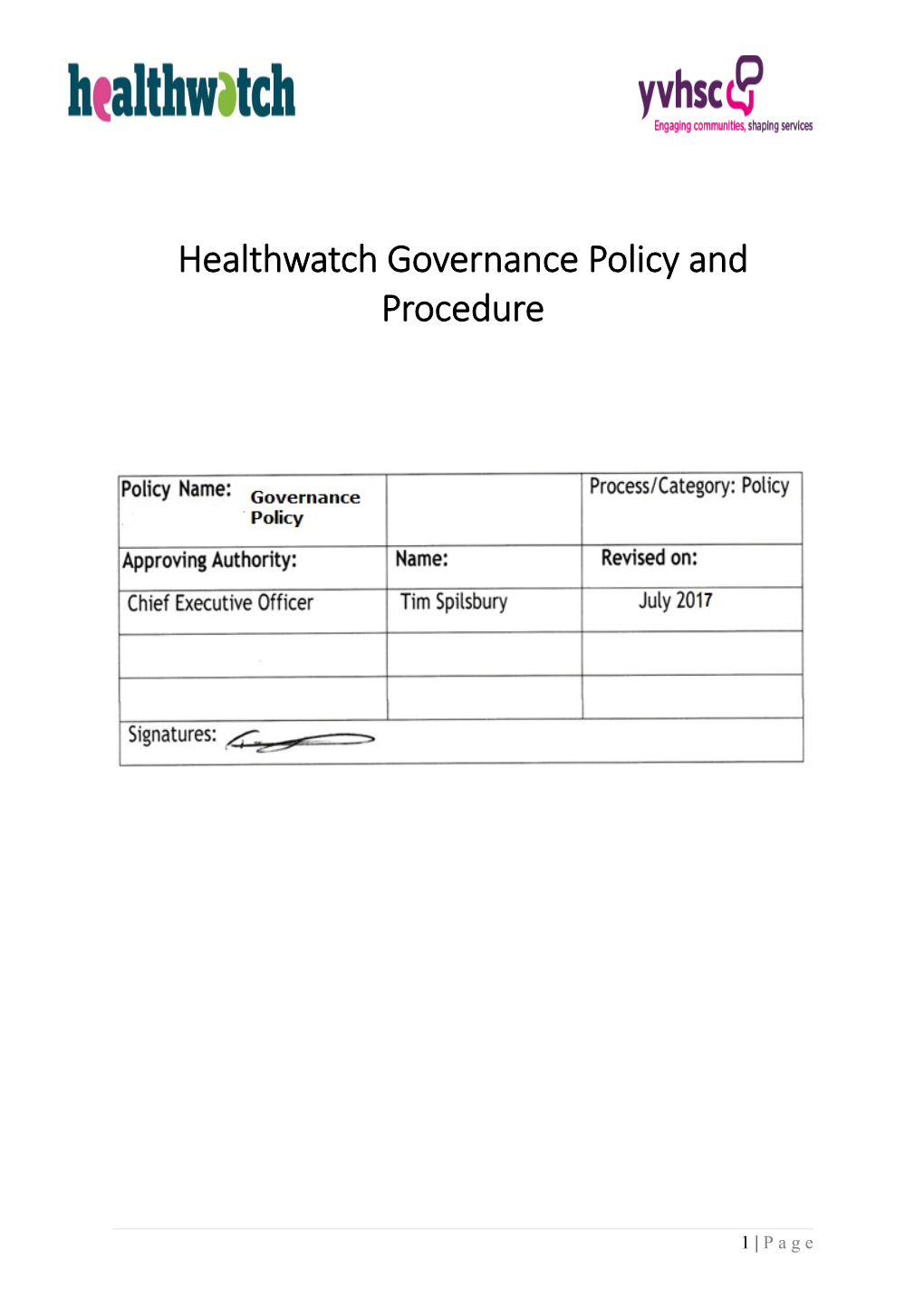 Healthwatch Governance Policy and Procedure