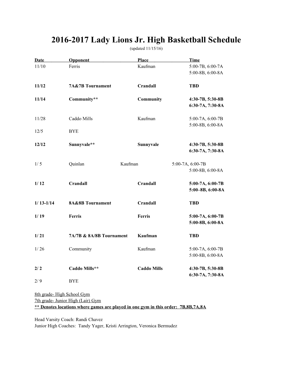 2016-2017 Lady Lions Jr. High Basketball Schedule