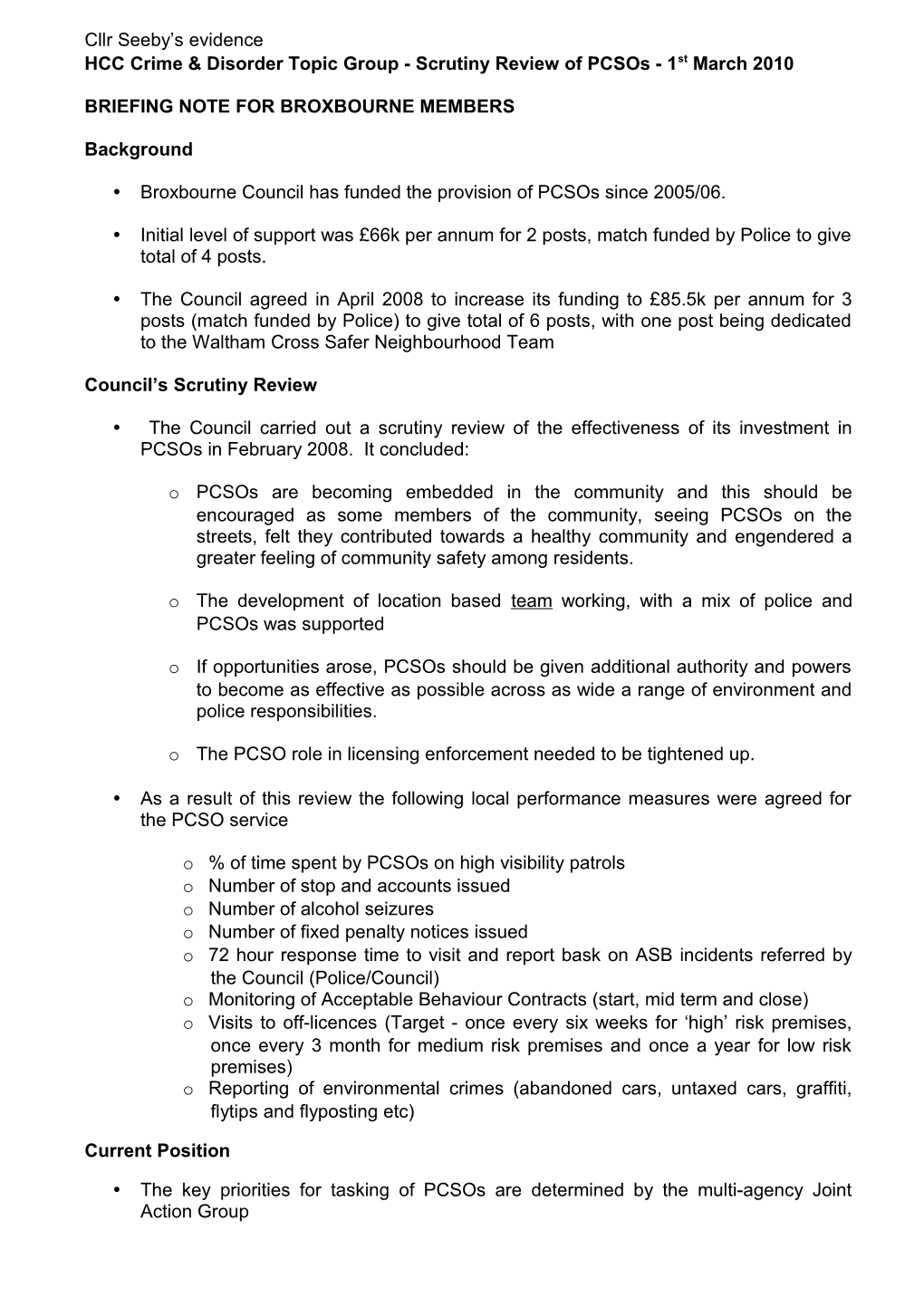 HCC Crime & Disorder Topic Group - Scrutiny Review of Pcsos - 1St March 2010