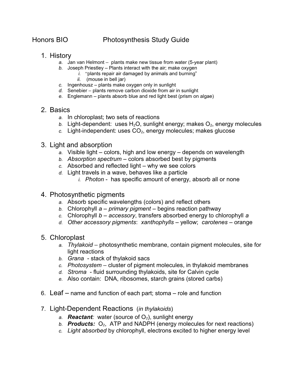 Study Guide for Photosynthesis
