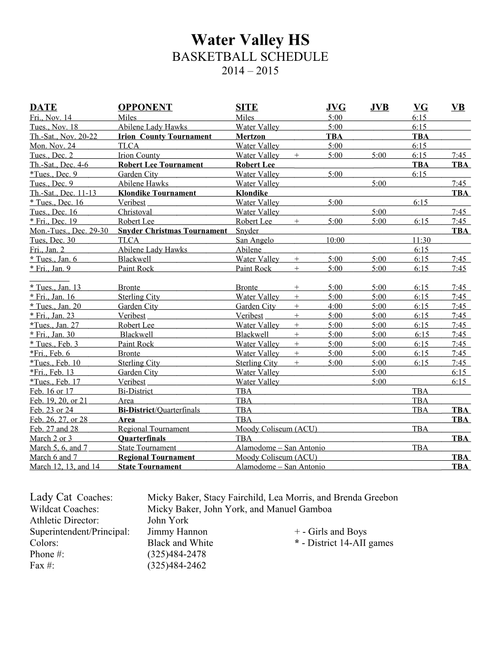 Whitharral Basketball Schedule