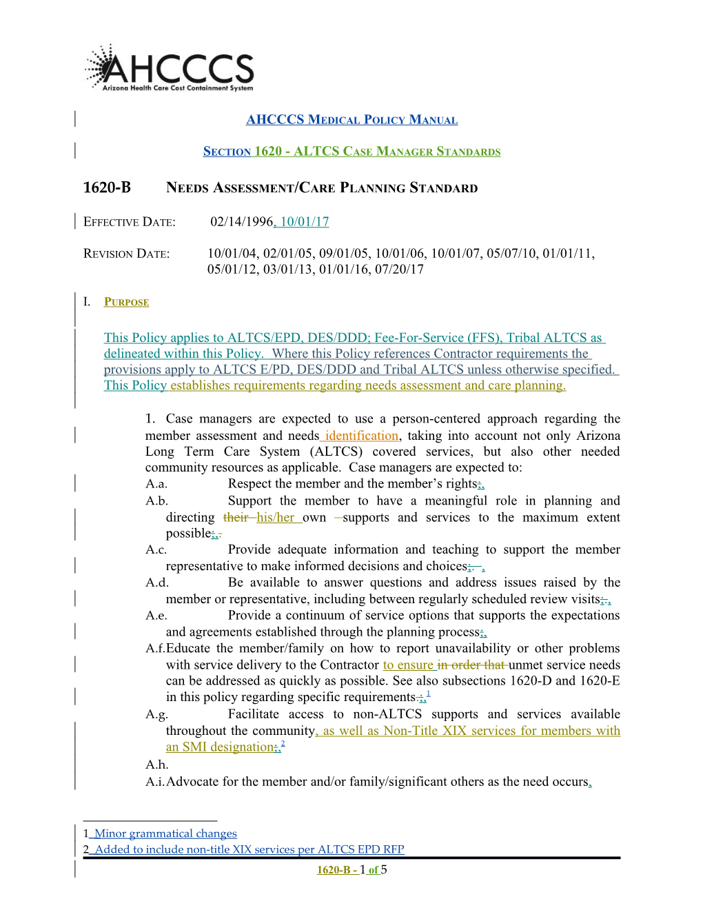 Section 1620 - ALTCS Case Manager Standards