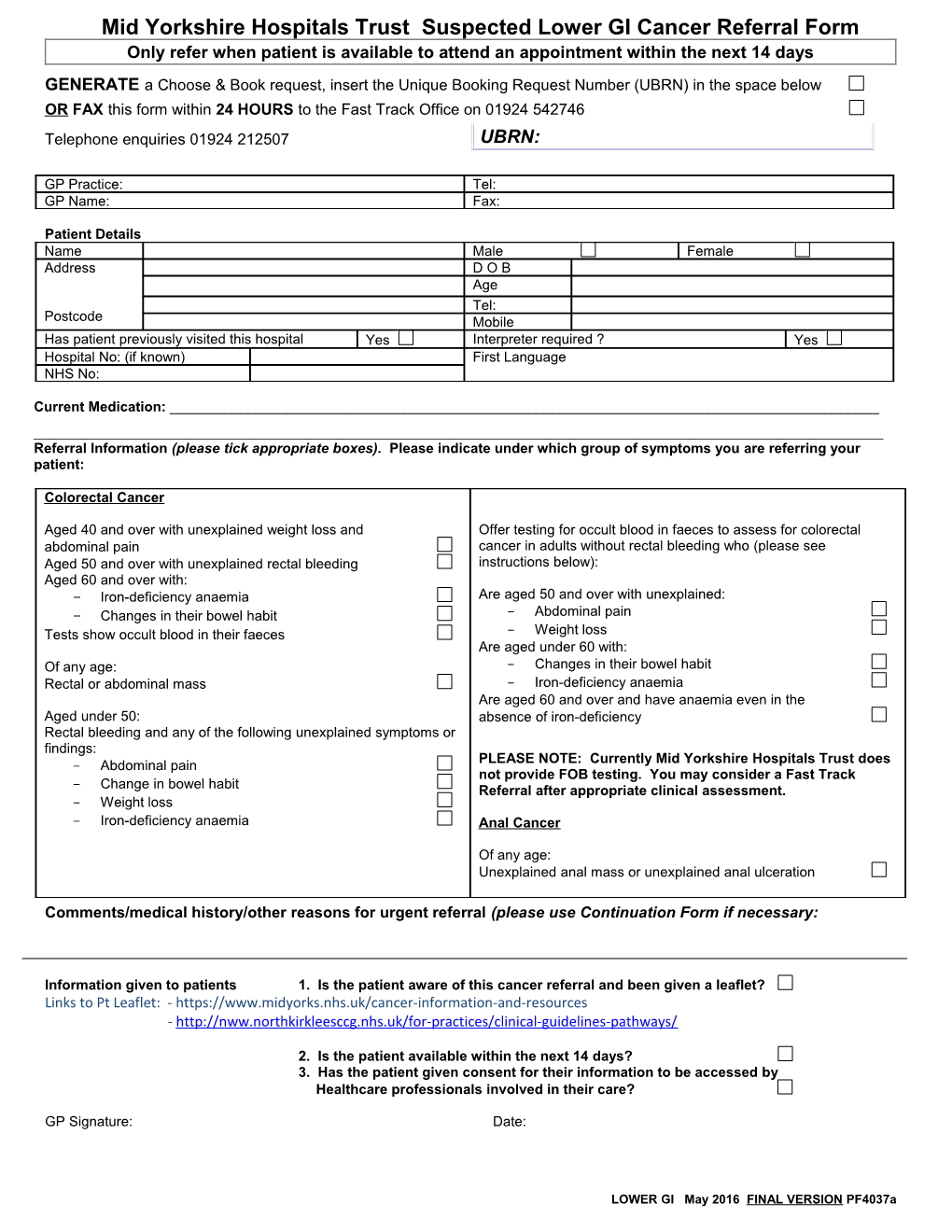 Mid Yorkshire Hospitals Trust Suspected Lower GI Cancer Referral Form