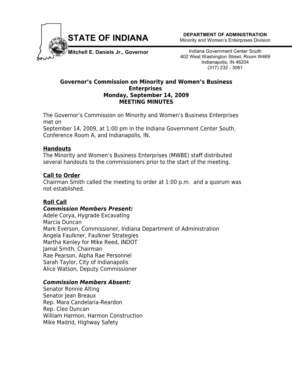 Governor S Commission on Minority and Women S Business Enterprises Monday, September 14, 2009