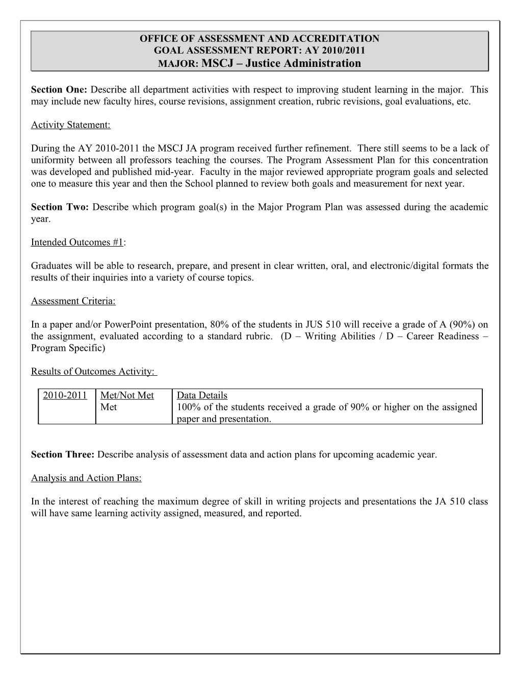 Goal Assessment Report