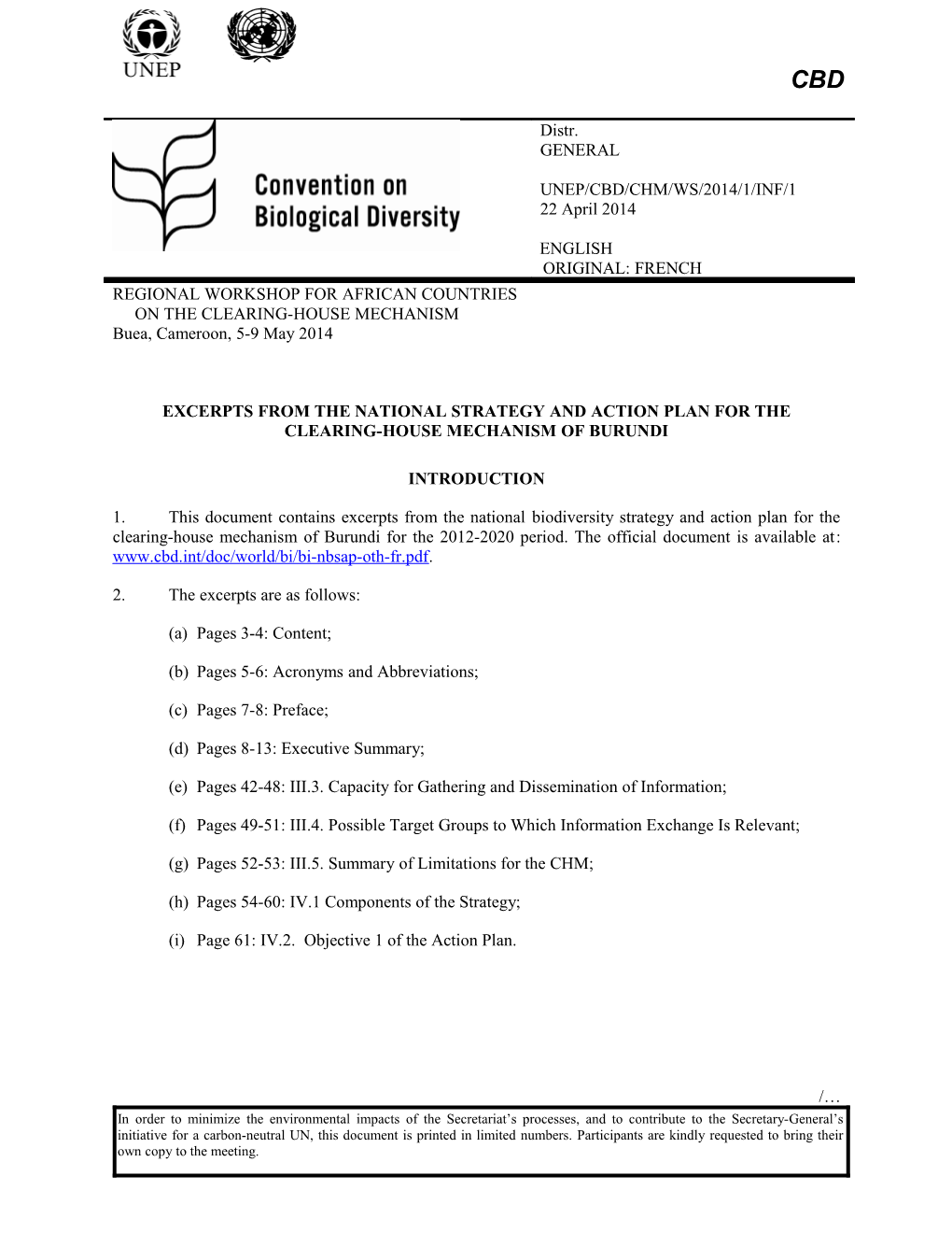 Unep/Cbd/Chm/Ws/2014/1/Inf/1