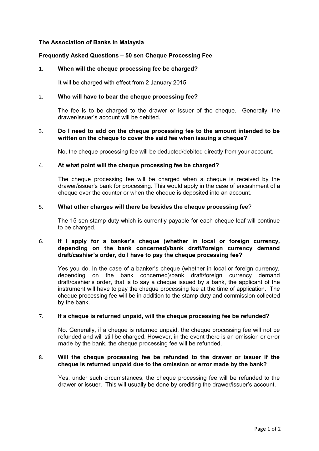 Frequently Asked Questions 50 Sen Cheque Processing Fee