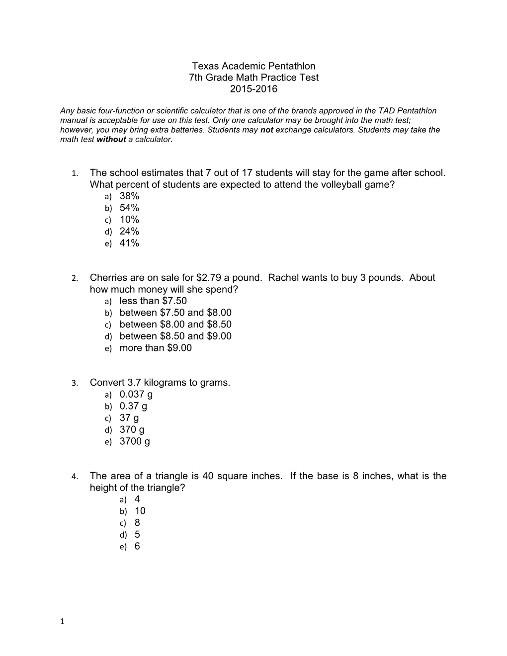 7Th Grade Math Practice Test