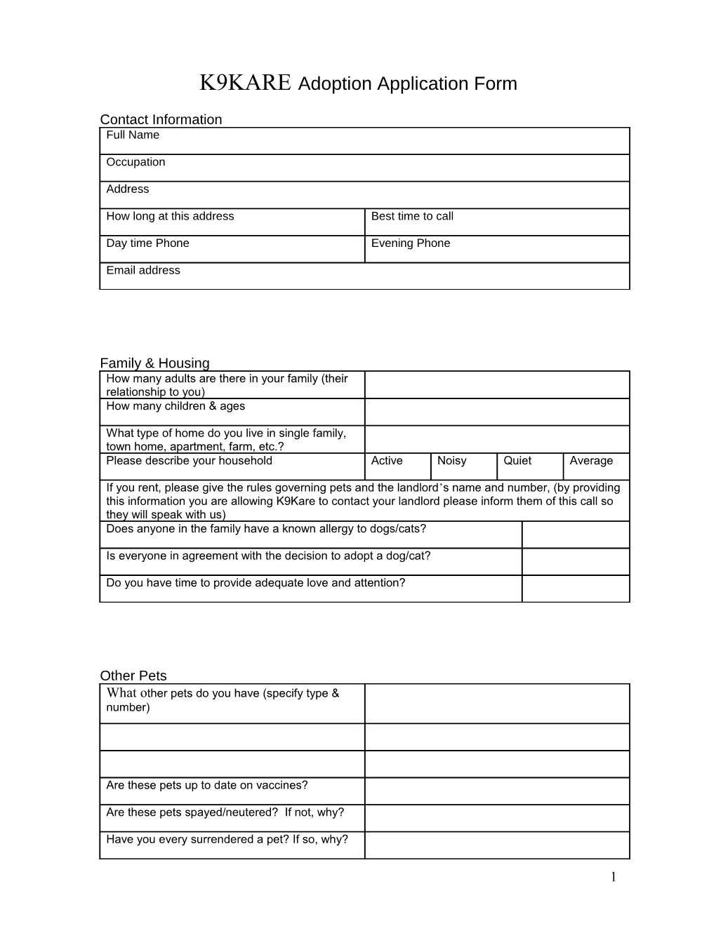 K9KARE Adoption Application Form