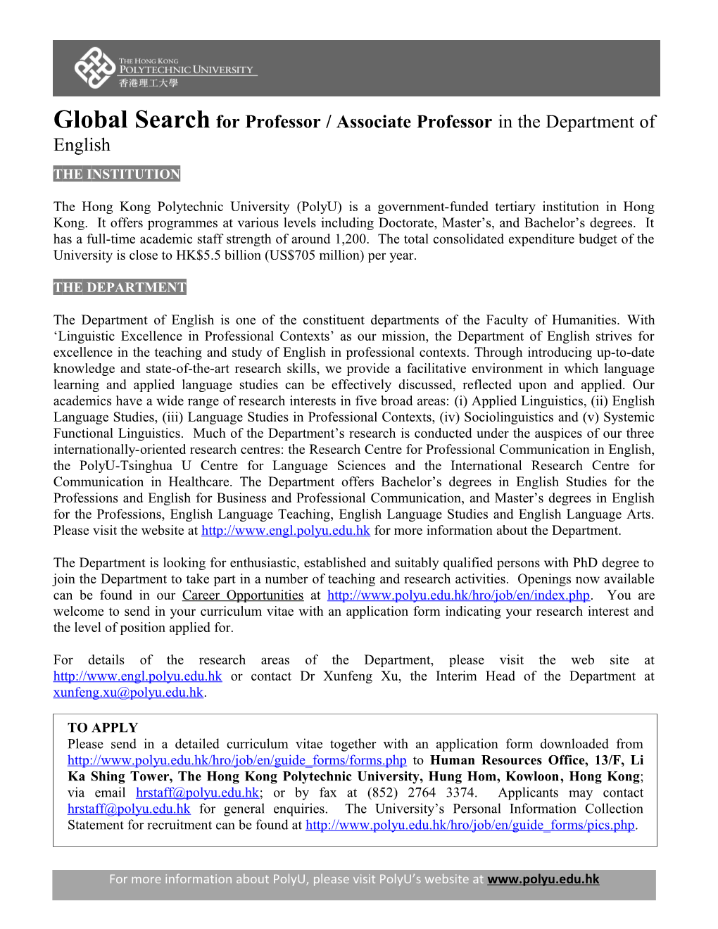 Global Search for Professor / Associate Professor in the Department of English