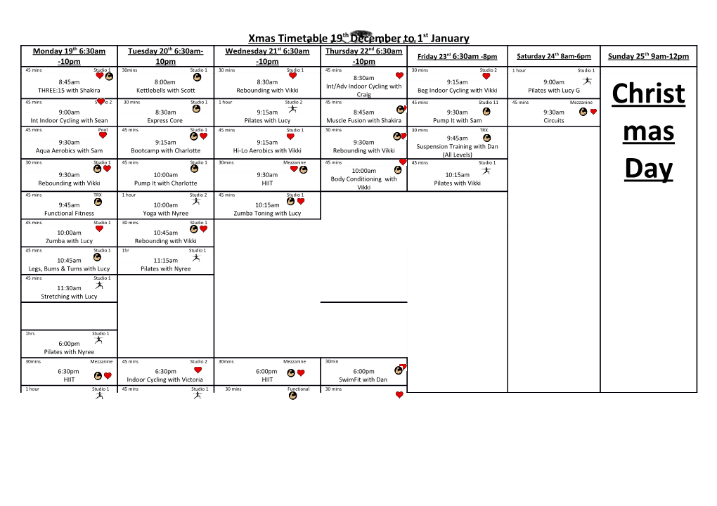 Xmas Timetable 19Th December to 1St January