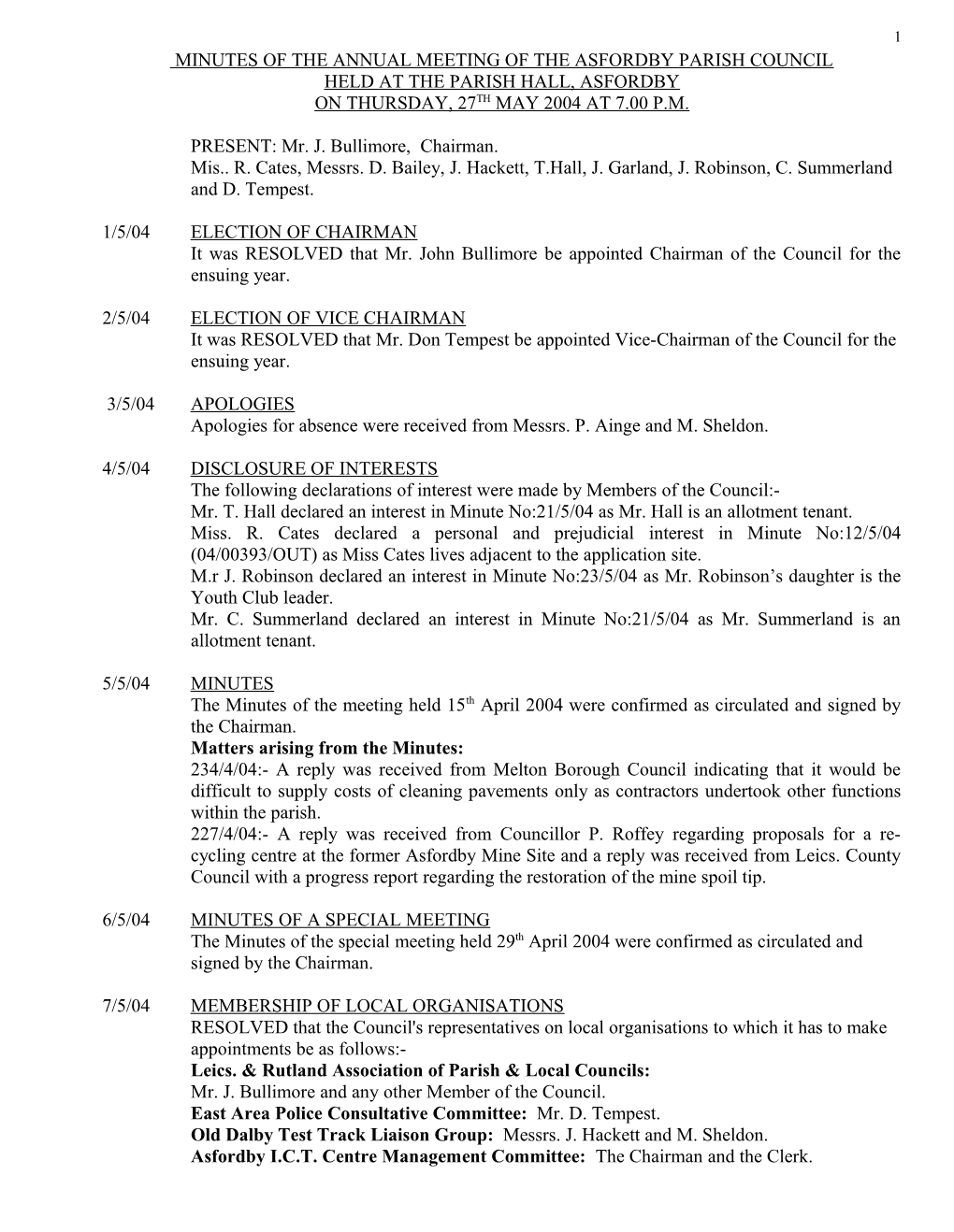 Minutes of the Annual Meeting of the Asfordby Parish Council