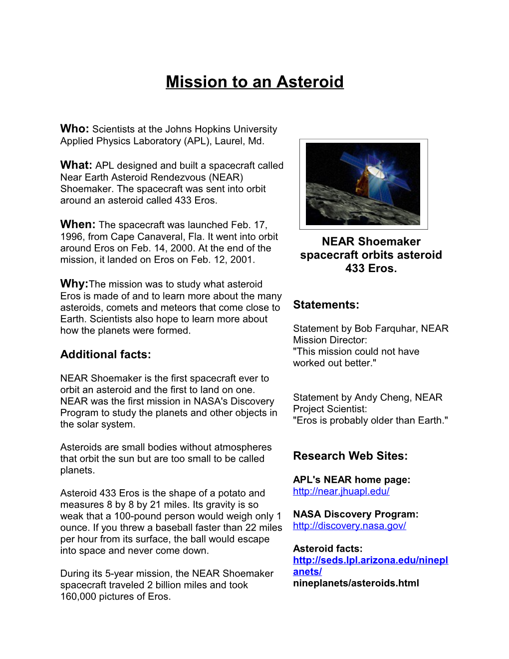 Mission to an Asteroid