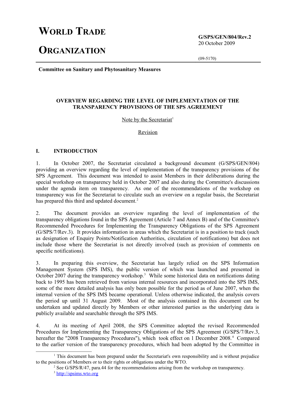 Overview Regarding the Level of Implementation of the Transparency Provisions of the Sps