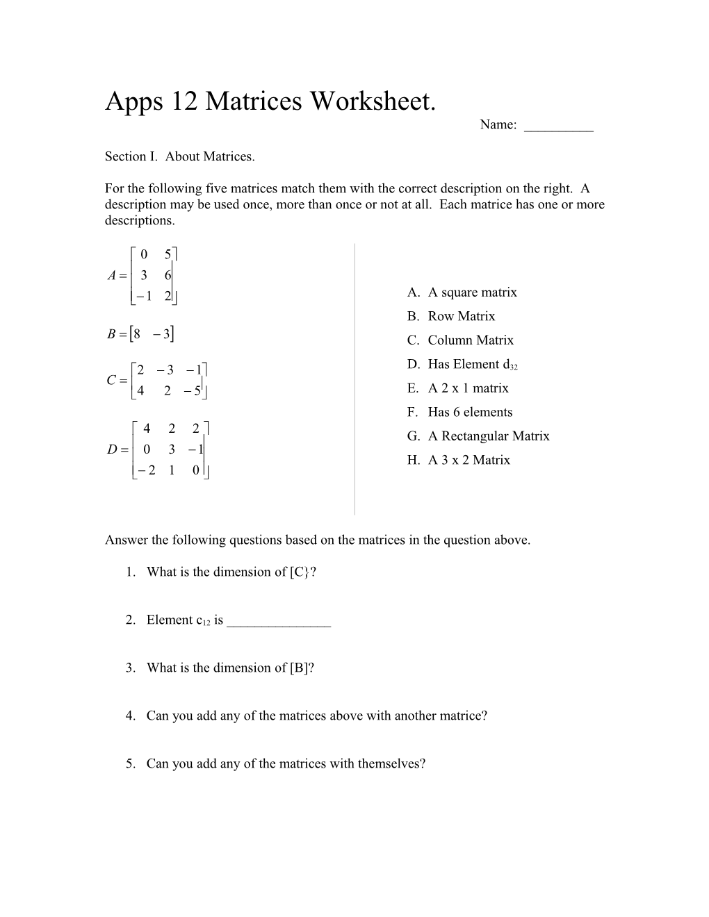 Apps 12 Matrices Worksheet