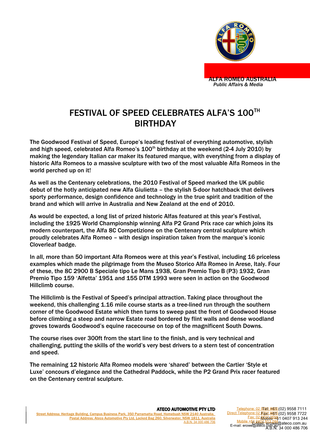 Festival of Speed Celebrates Alfa S 100Th Birthday